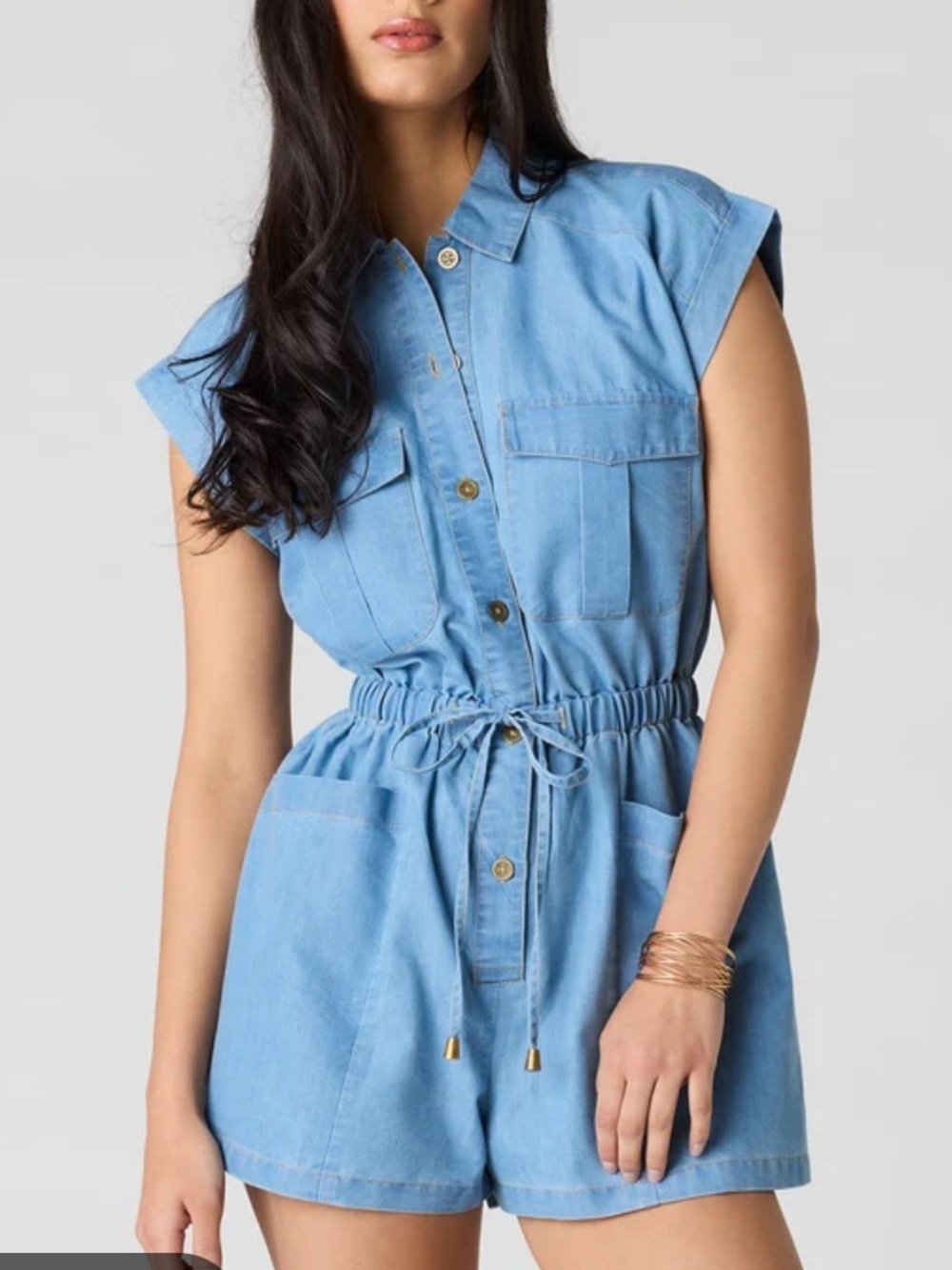 INDULGE INSTYLE Light Blue Short-Sleeve Denim Romper Size L